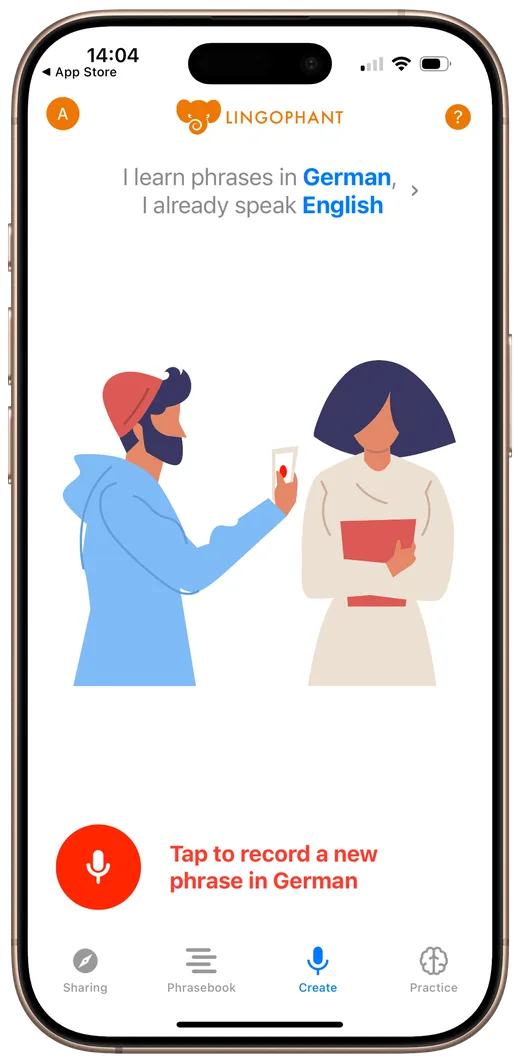 The Lingophant app: tap to record a new phrase in German
