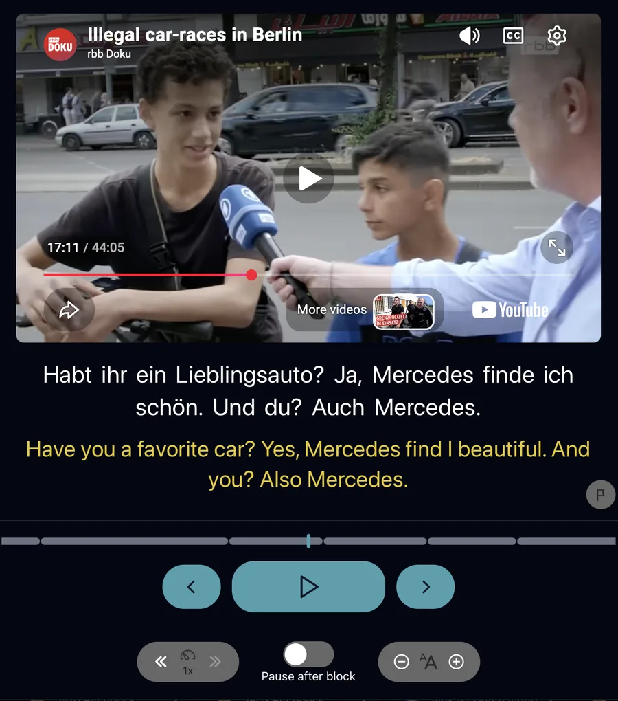 The listening tool: a German street interview with German subtitles, a word-by-word English translation and the player controls