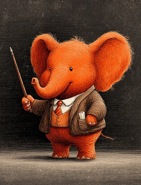 An orange elephant in a jacket and tie, holding a pointer like a teacher