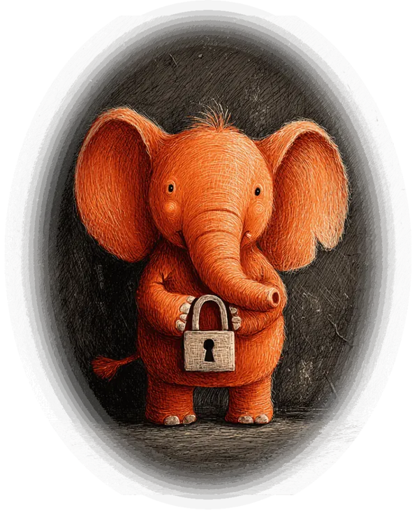 An orange elephant holding a padlock